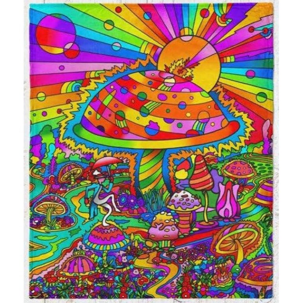 New Mushroom Umbrella Plush Fleece Throw Gift Blanket The Mad Hatter NIP Rainbow